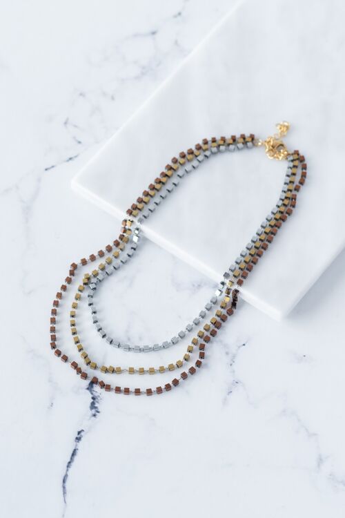 Triple semiprecious hematite beads necklace