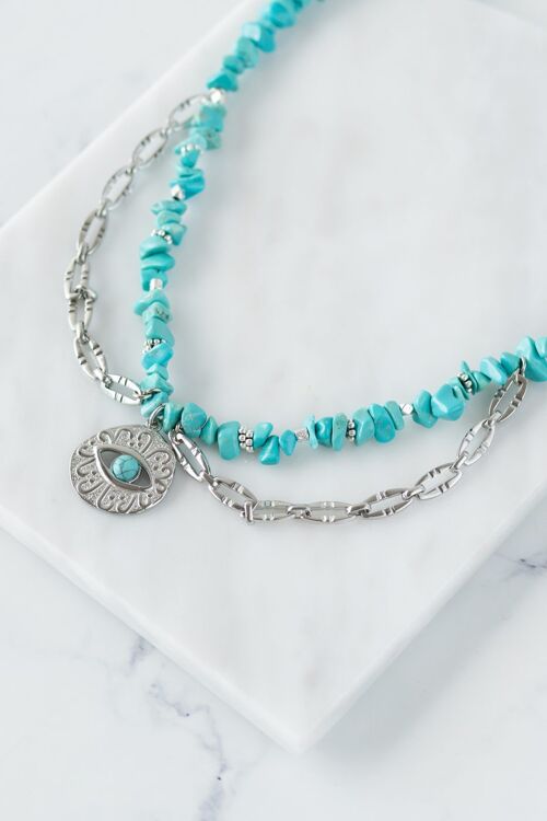 Turquoise semiprecious chip necklace with steel evil eye