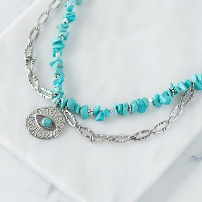 Turquoise semiprecious chip necklace with steel evil eye