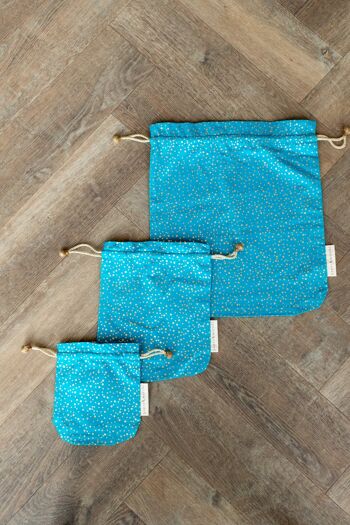 Sacs-cadeaux en tissu à cordon de serrage double - Confettis turquoise (moyen) 2