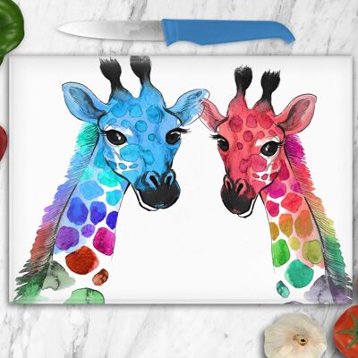 Planche à découper en verre de couple de girafe colorée, cadeau écossais économiseur de plan de travail, girafes, girafes colorées, cadeau de girafe, amoureux de girafe