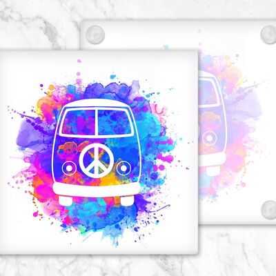 Posavasos de vidrio de autocaravana colorido, soporte para bebidas, posavasos de autocaravana, autocaravana VW, vibraciones hippies, regalo de autocaravana