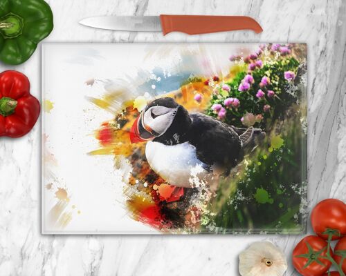 Colourful Puffin Glass Chopping Board, Puffin Glass Worktop Saver, Worktop Protector, Puffin Cutting Board, Puffin Kitchen Board, Pan Stand, Puffin Gift