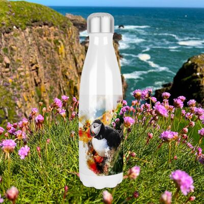 Bunte Papageientaucher-Wärmeisolierte 500-ml-Bowling-Pin-Form-Getränkeflasche, hergestellt in Schottland, Papageientaucher-Geschenk, Papageientaucher-Liebhaber, schottisches Geschenk