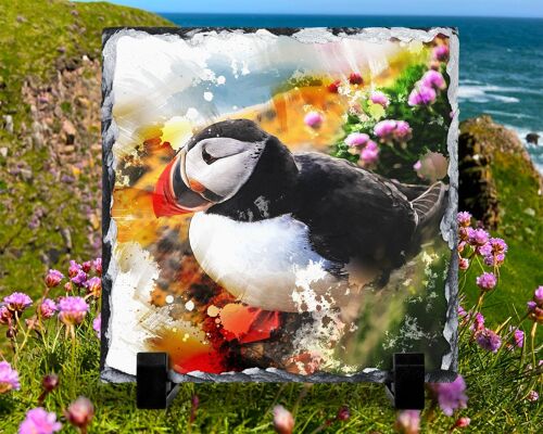 Colourful Puffins Decorative Rock Slate, Photo Slate, Pan Stand, Trivet, Made In Scotland