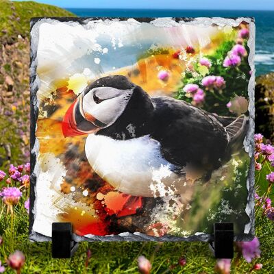 Colourful Puffins Decorative Rock Slate, Photo Slate, Pan Stand, Trivet, Made In Scotland