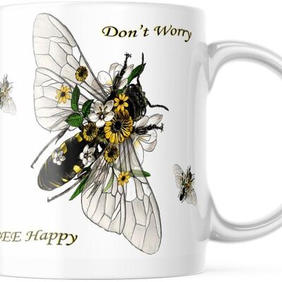 Don't Worry Bee Happy-Druck, Bienendruck, Hummeldekor, Sonnenblumenkunst, Wanddekoration, inspirierendes Zitat, Naturdruck, Kaffee-/Teetasse-Keramikbecher