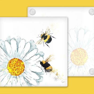 Daisies and Bees Glass  Coaster, Drinks Holder, Buzzy Bees Coaster, Scotland, Scottish Gift, Buzzy Bees Gift