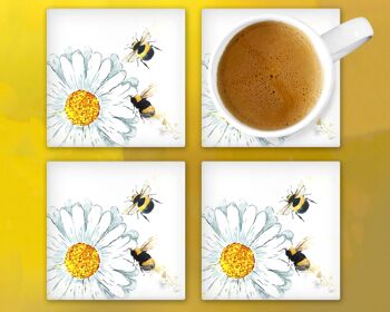 Daisies and Bees Glass Coaster, Porte-boissons, Buzzy Bees Coaster, Ecosse, Cadeau écossais, Cadeau Buzzy Bees 2