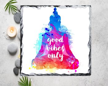 Good Vibes Buddha Rock Slate Planche à découper, support de casserole, dessous de plat, économiseur de plan de travail, décor zen, cadeau de Bouddha, décor de méditation, cadeau zen, Good Vibes 2