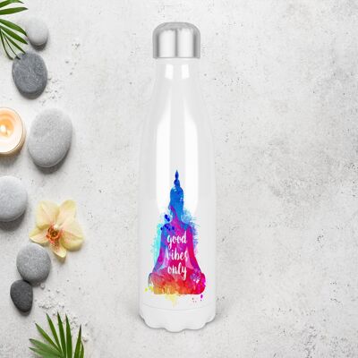 Good Vibes Buddha 500ml Bowling Pin Shape Botella de bebidas con aislamiento térmico, hecho en Escocia, regalo de Buda, botella Good Vibes, regalo de Buda