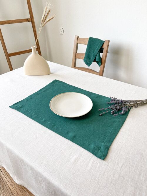 Dark Green Washed Linen Placemat with Mitered Corners
