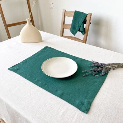 Dark Green Washed Linen Placemat with Mitered Corners