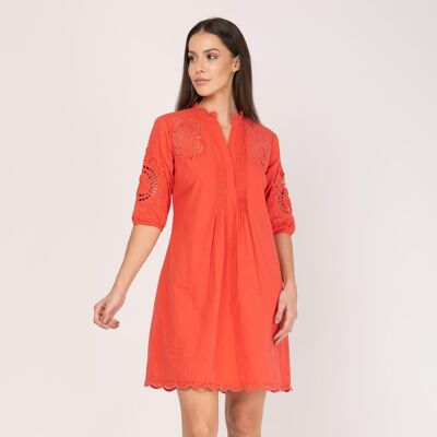 Short cotton dress with orange embroidery