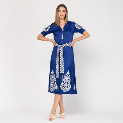 Midi dress with blue embroidery