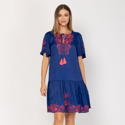 Dress with flounce and blue embroidery