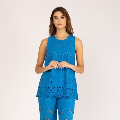 Blue perforated cotton armhole sleeve blouse