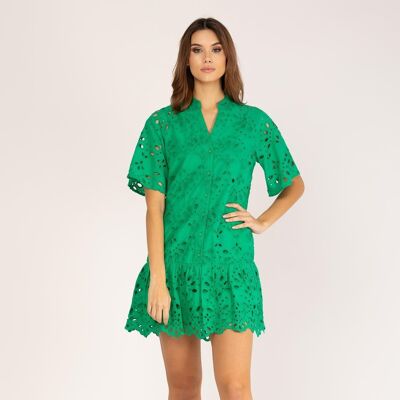 Kurzes grünes Kleid aus perforierter Baumwolle