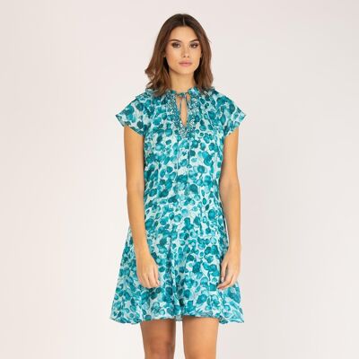 Short printed dress with ruffles