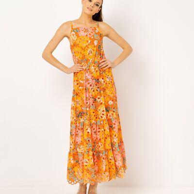Long dress with perforated cotton panels
