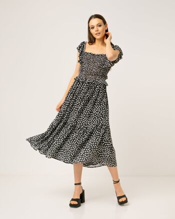 Robe midi à pois avec nid d'abeille 1