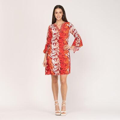 Short printed dress with ruffled sleeves