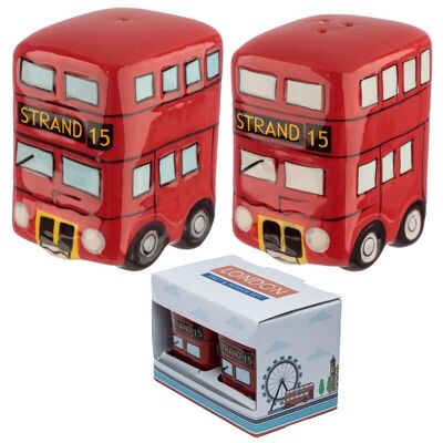 Juego de salero y pimentero de cerámica de autobús Routemaster rojo con iconos de Londres