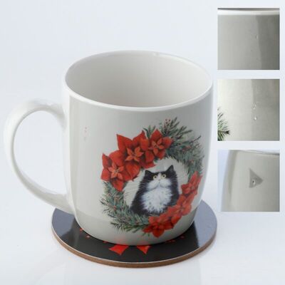 SECONDS Kim Haskins Christmas Wreath Cat Porcelain Mug & Coaster Set