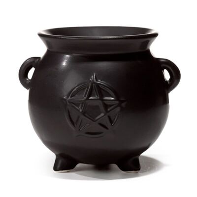 Quemador de aceite de cerámica negra con pentagrama de caldero de brujas