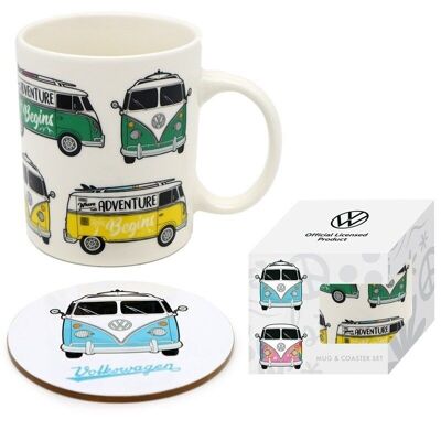 Volkswagen VW T1 Camper Bus Porcelain Mug & Coaster Set
