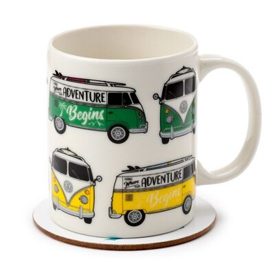 Volkswagen VW T1 Camper Bus Porcelain Mug & Coaster Set