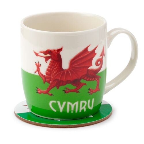 Wales Welsh Dragon Cymru Porcelain Mug & Coaster Set