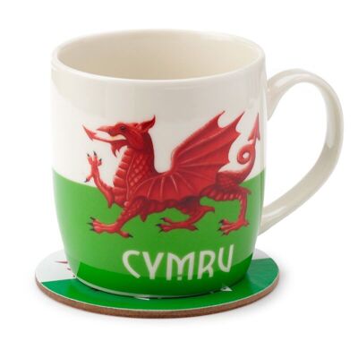 Pays de Galles Welsh Dragon Cymru Ensemble tasse et sous-verre en porcelaine