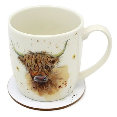 Jan Pashley Highland Coo Cow Porcelain Mug & Coaster Set