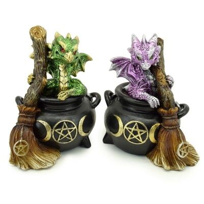 Elements Baby Dragon in Magical Witches Cauldron with Broomstick