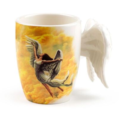 Taza de cerámica con asa en forma de alas de ángel y calcomanía