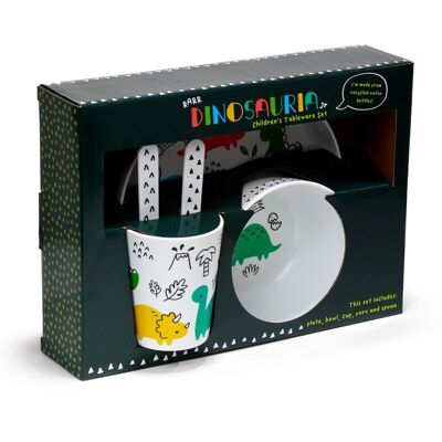 Dinosauria Jr RPET - Juego de taza, cuenco, plato y cubiertos para niños (5 piezas)