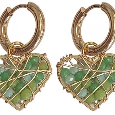 B-F6.1 E626-001G S. Steel Earrings Heart 1.2x3cm Green