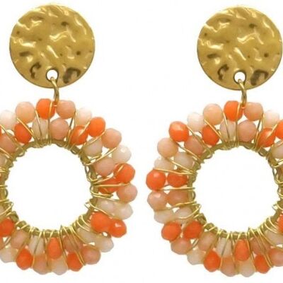 H-A4.1 E221-473 S. Boucles d'Oreilles Acier Perles de Verre 3.5x2.5cm Orange