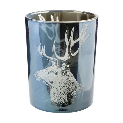 BLACK FRIDAY - Portacandela in vetro blu con motivo cervo 10 x 12.5 x 2 - Decorazione natalizia