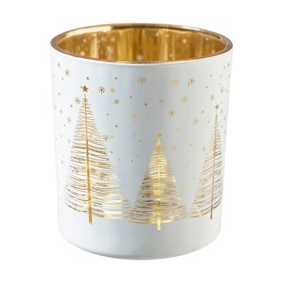 BLACK FRIDAY – Teelichthalter im Gold/Weiß-Design mit Tannenmotiv, 7 x 8 cm x 4 – Weihnachtsdekoration