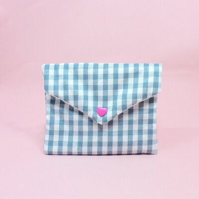 soap pouch, blue gingham with pink heart