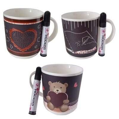 Ceramic mug in 3 designs,  with the possibility of writing on the mug.  The pen is included in the package.8x9cm EK-340