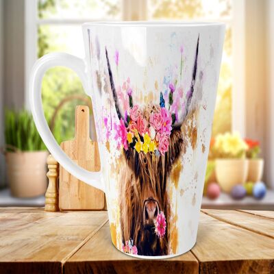 Highland Cow & Flowers 17oz Skinny Latte Coffee Mug, Highland Cow Latte Mug, Scottish Latte Mug, Highland Cows, Regalo scozzese, Made In Scotland
