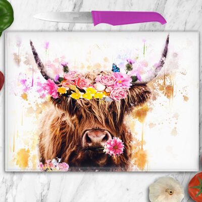 Highland Cow und Blumen Glas Schneidebrett, Arbeitsplattenschoner, Buntes Coo's, Schottland, schottisches Geschenk, Highland Cow Geschenk