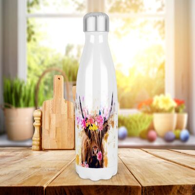 Highland Cow and Flowers Thermoisolierte 500 ml Trinkflasche in Bowling-Pin-Form, hergestellt in Schottland, Highland Cow-Geschenk, Highland Cow-Liebhaber, schottisches Geschenk