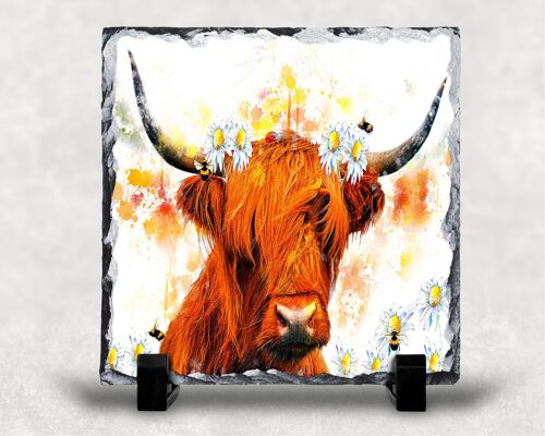 Highland Cow Daisies and Bees Rock Photo Slate, Decorative Slate, Pan Stand, Trivet, Worktop Saver, Scottish Gift, Made In Scotland