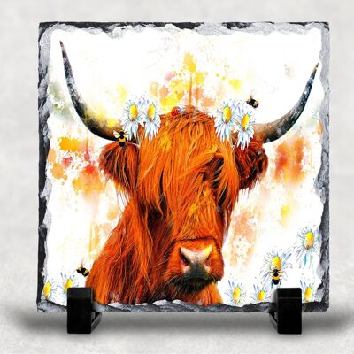 Highland Cow Daisies and Bees Rock Photo Slate, Decorative Slate, Pan Stand, Trivet, Worktop Saver, Scottish Gift, Made In Scotland