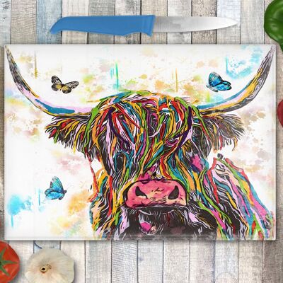 Tabla de cortar de vidrio de mariposas de vaca de las tierras altas, protector de encimera, colorido Coo's, Escocia, regalo escocés, regalo de la vaca de las tierras altas