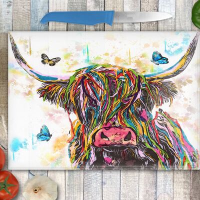 Highland Cow Butterflies  Glass Chopping Board, Worktop Saver, Colourful Coo's, Scotland, Scottish Gift, Highland Cow Gift